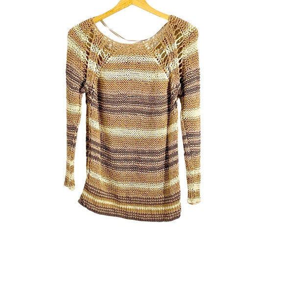 Free People Taupe Beige Gray Ivory Striped Open Loose Knit Sweater, Size Small - Picture 4 of 11